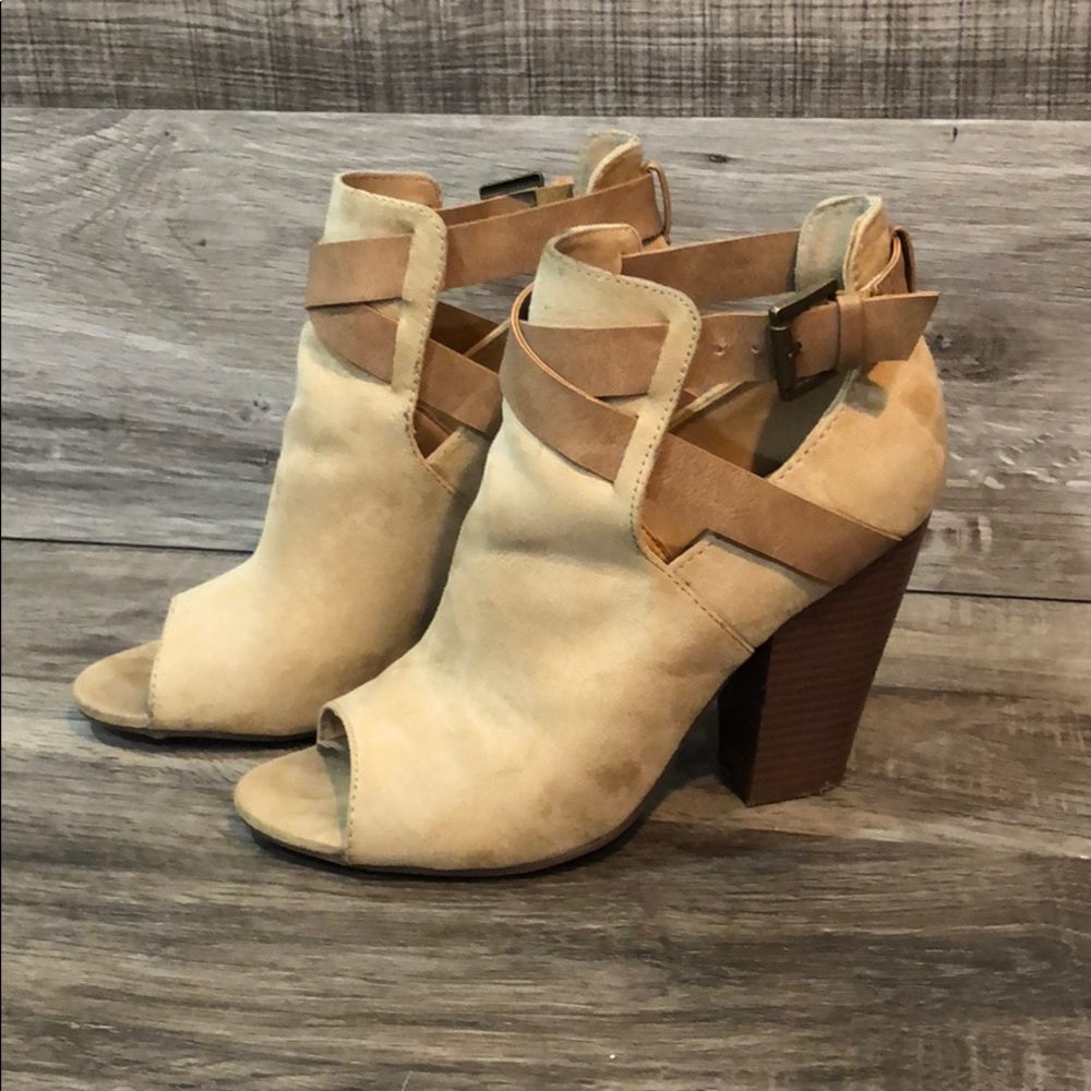 Tan open toe booties